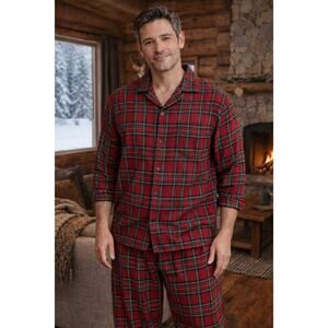 Castaway Men's Flannel Button Down Shirt Pajama Set Sleepwear Red Plaid Medium